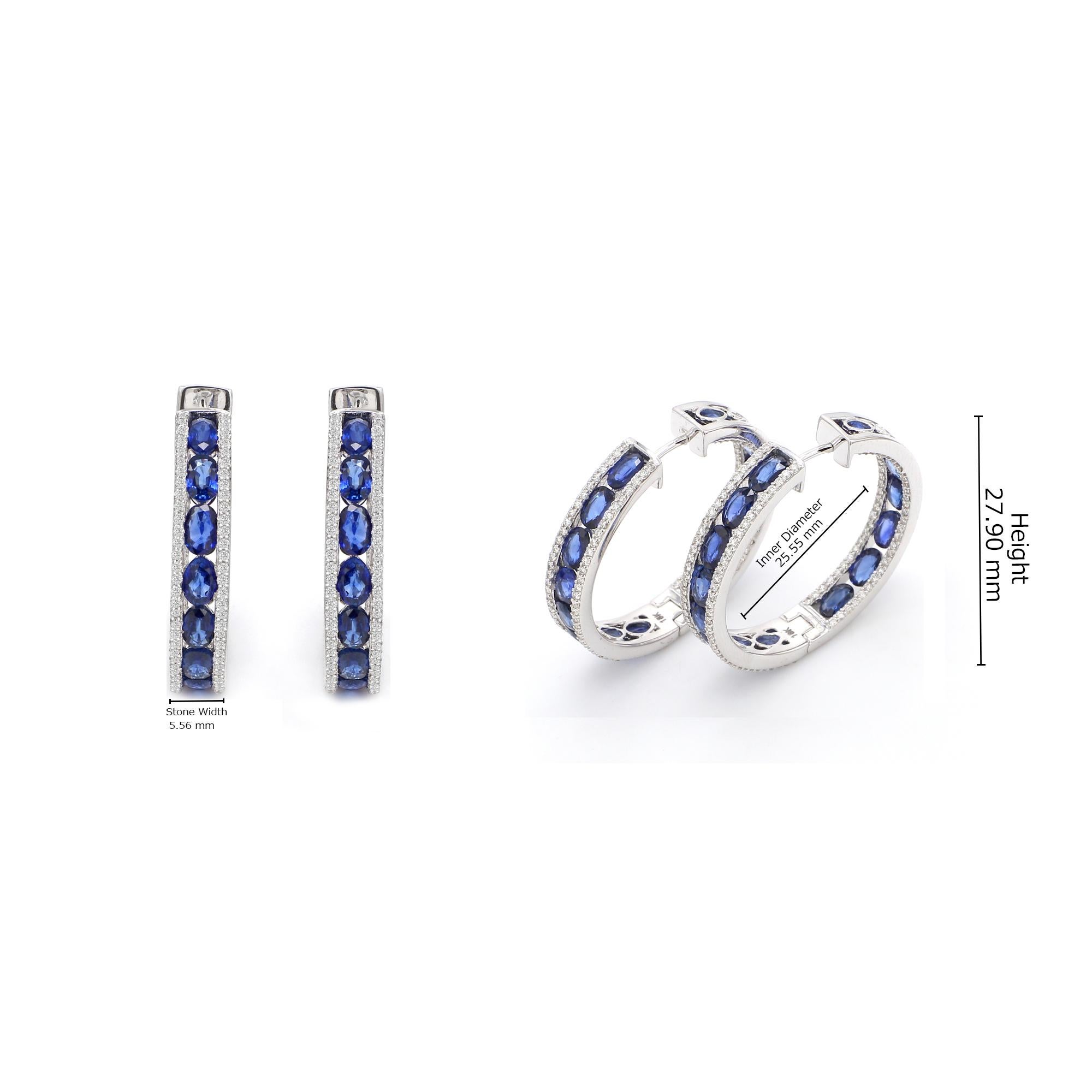 Oval Cut 18 Karat White Gold 8.51 Carat Blue Sapphire and Diamond Hoop Earrings For Sale