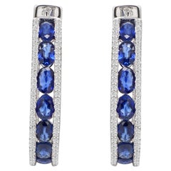 18 Karat White Gold 8.51 Carat Blue Sapphire and Diamond Hoop Earrings