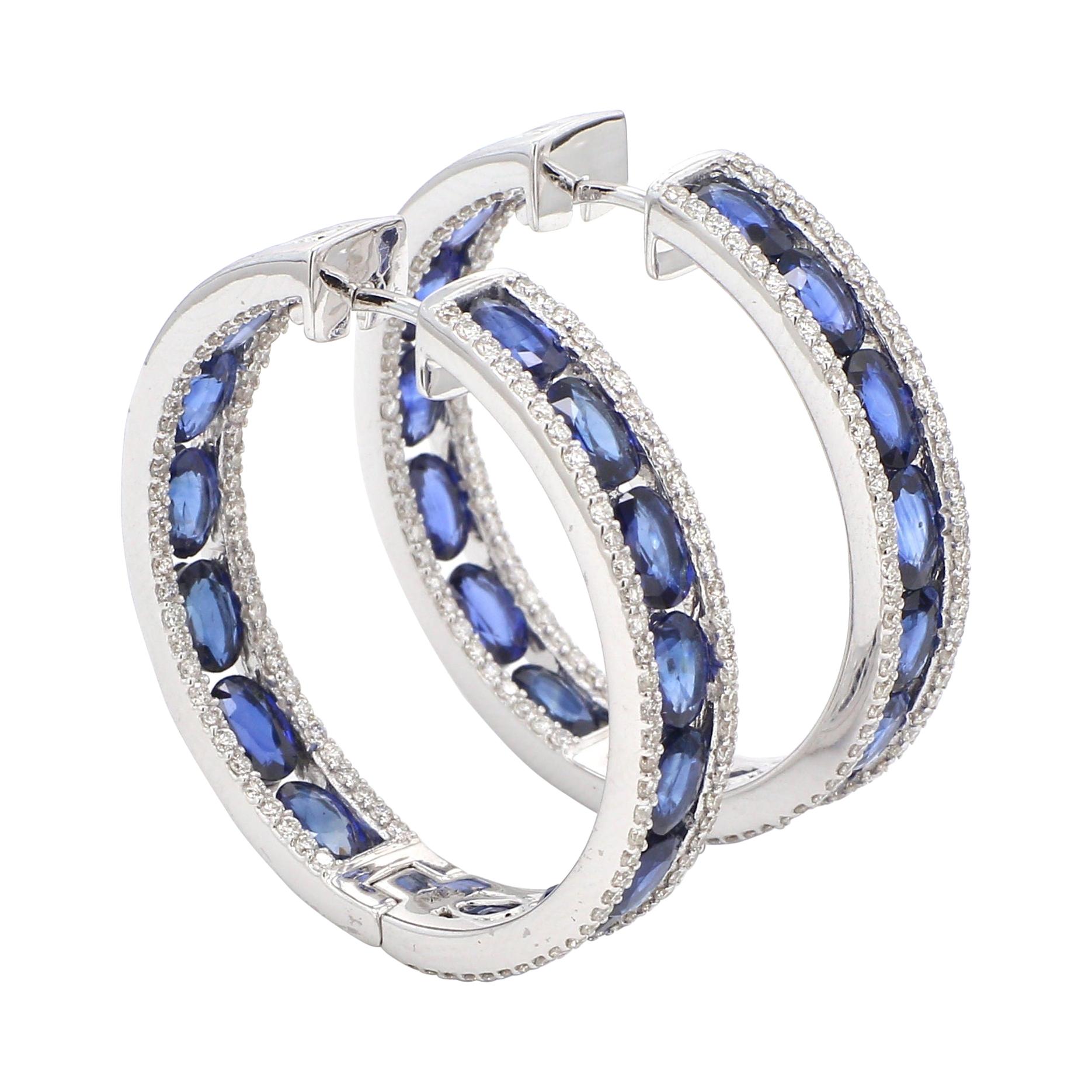 18 Karat White Gold 8.51 Carat Blue Sapphire and Diamond Hoop Earrings For Sale