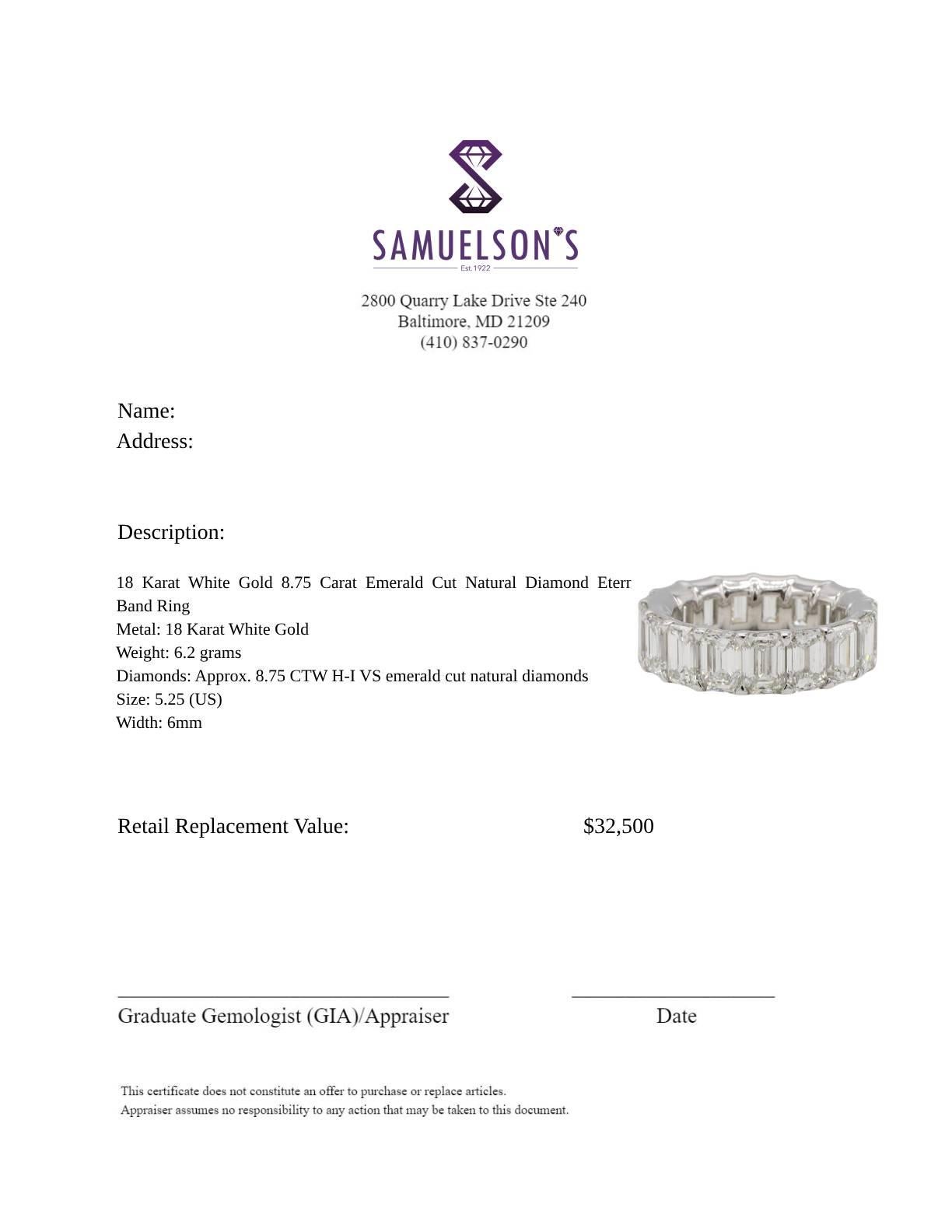 Women's or Men's 18 Karat White Gold 8.75 Carat Emerald Cut Natural Diamond Eternity Band Ring  For Sale