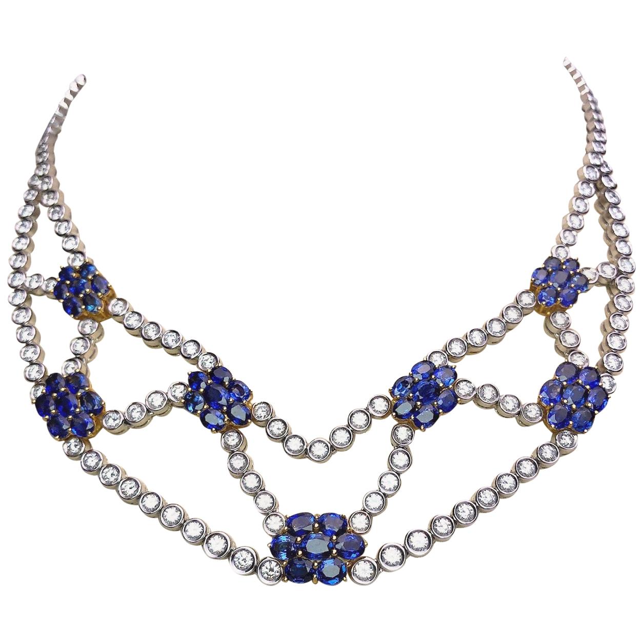 18 Karat White Gold, 8.78 Carat Diamond & 16.56 Carat Blue Sapphire Bib Necklace