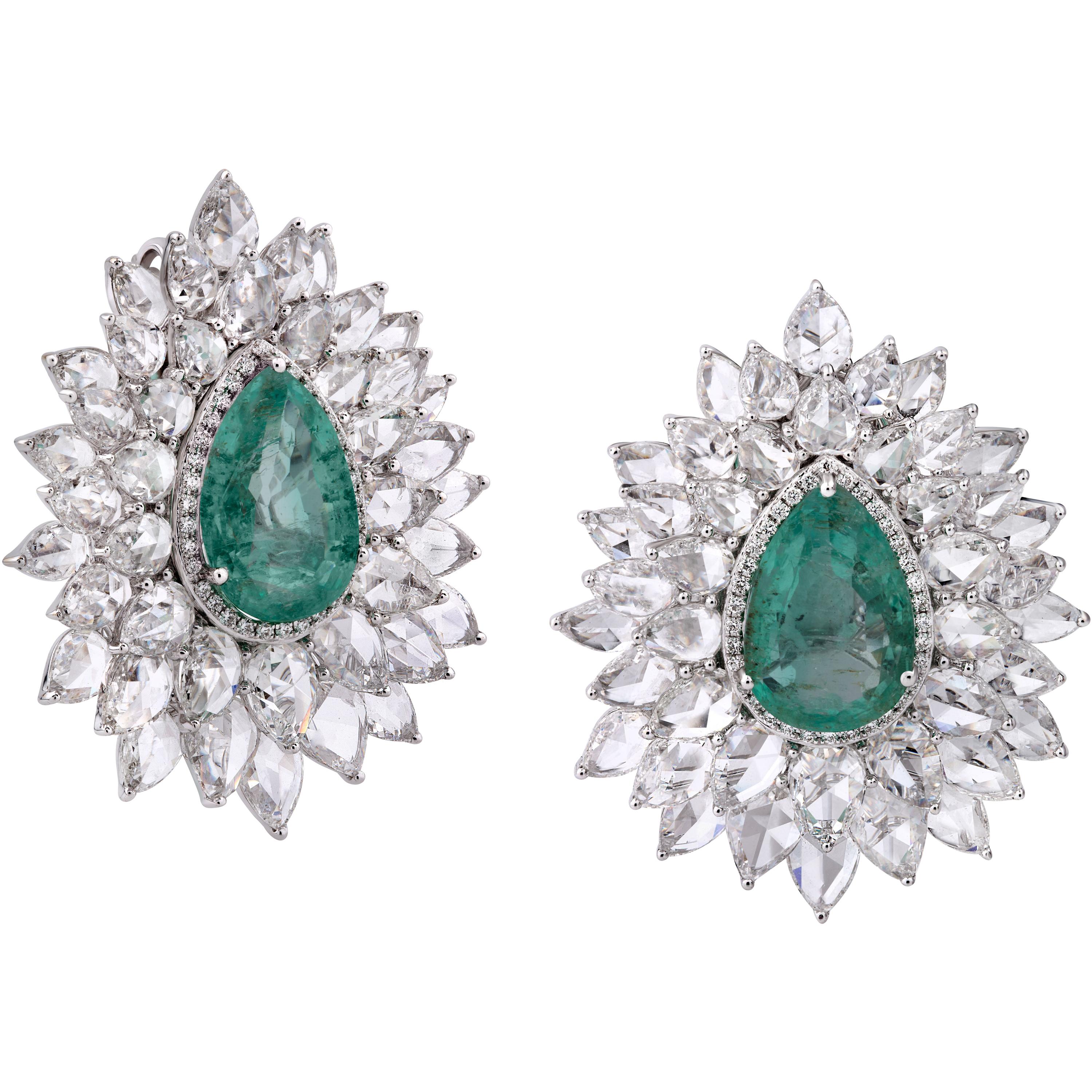 18k White Gold 8.88ct Old Mine Emerald and Rose Cut Diamond Studs Earrings For Sale