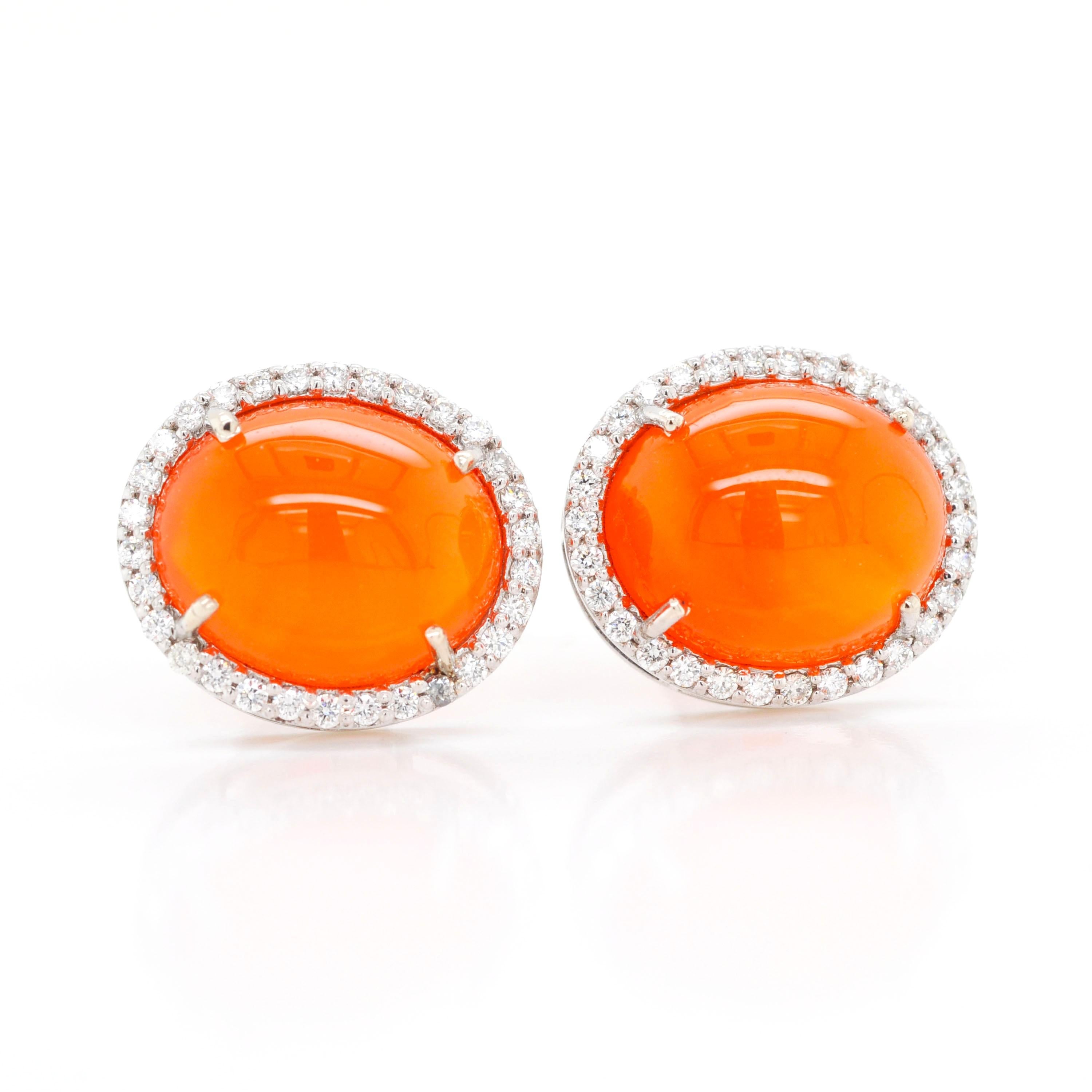 Cabochon 14 Karat White Gold 8.91 Carats Oval Mexican Fire Opal Diamond Halo Earrings in vendita