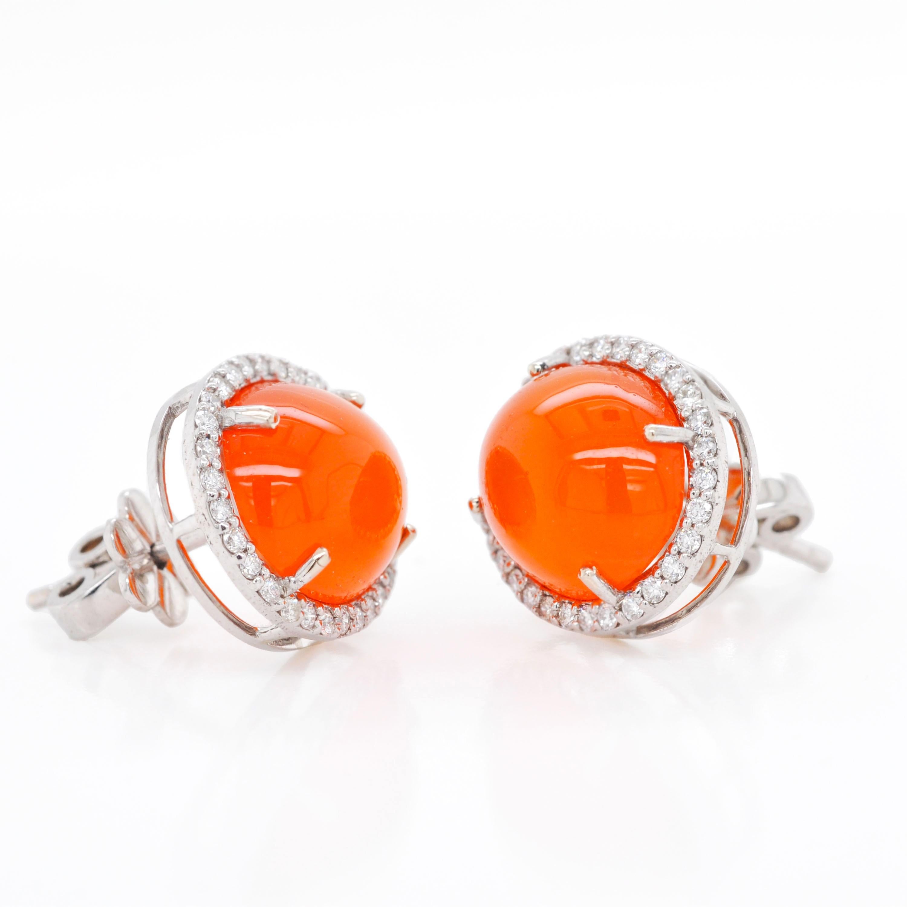 Donna 14 Karat White Gold 8.91 Carats Oval Mexican Fire Opal Diamond Halo Earrings in vendita