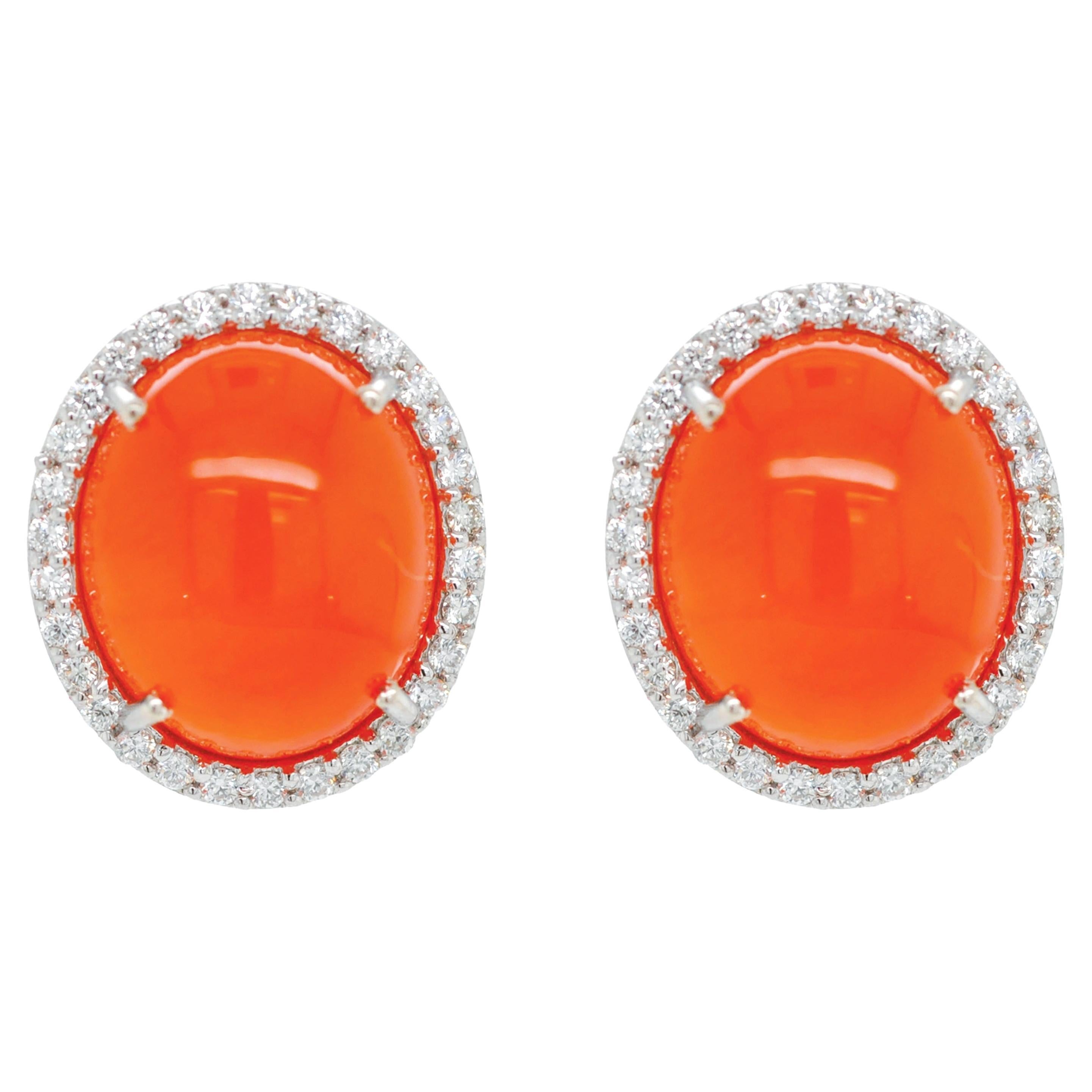 14 Karat White Gold 8.91 Carats Oval Mexican Fire Opal Diamond Halo Earrings in vendita