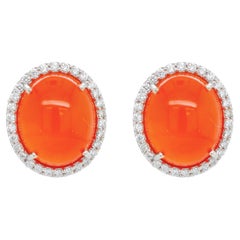 14 Karat White Gold 8.91 Carats Oval Mexican Fire Opal Diamond Halo Earrings