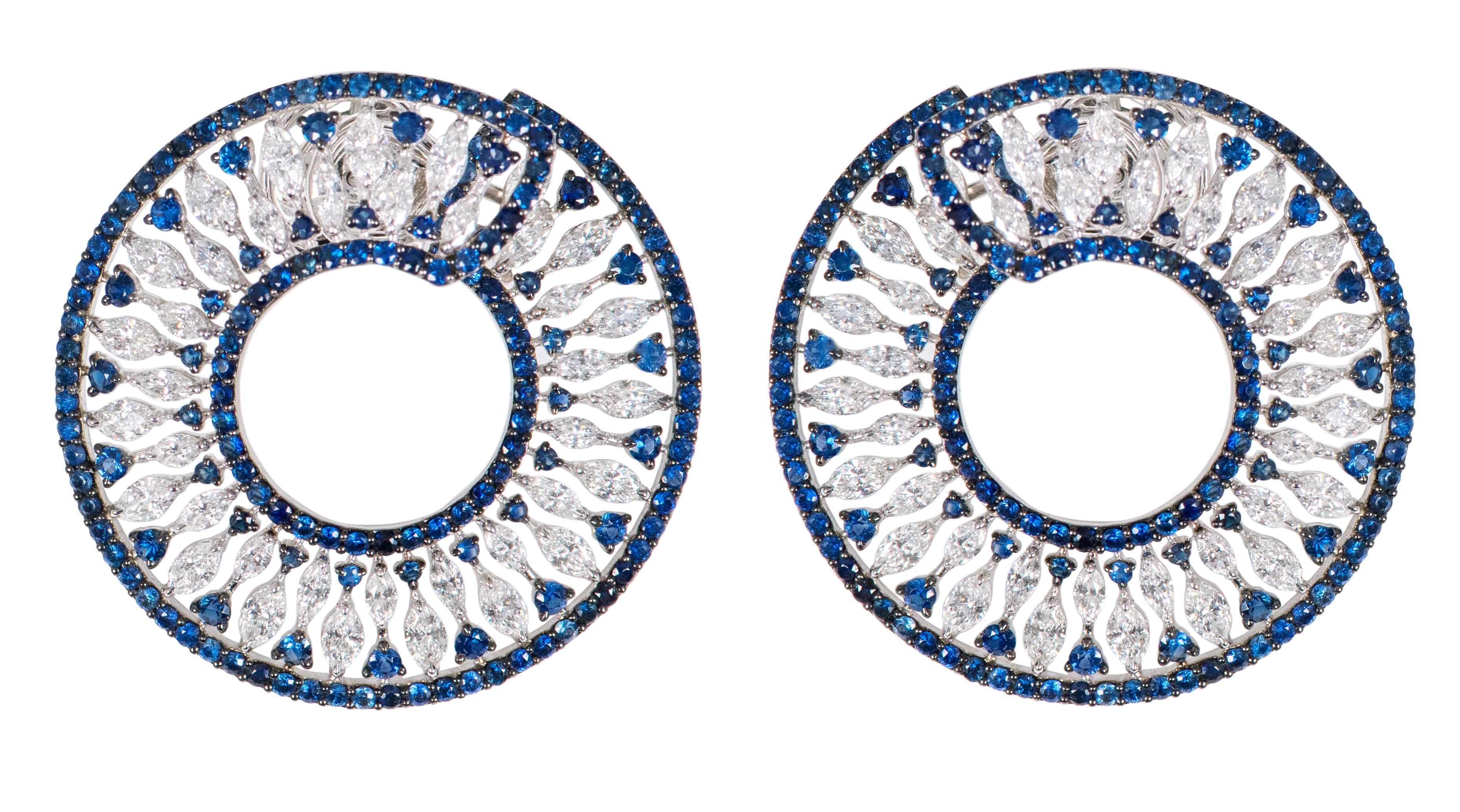 Marquise Cut 18 Karat White Gold 9.15 Carat Sapphire and Diamond Cocktail Stud Hoop Earrings For Sale