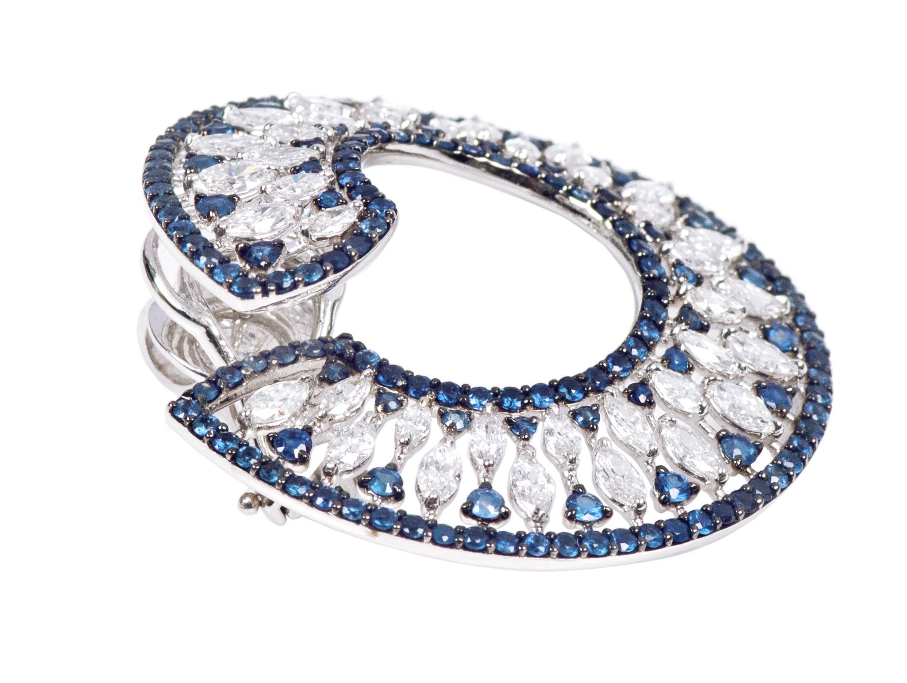 Women's 18 Karat White Gold 9.15 Carat Sapphire and Diamond Cocktail Stud Hoop Earrings For Sale