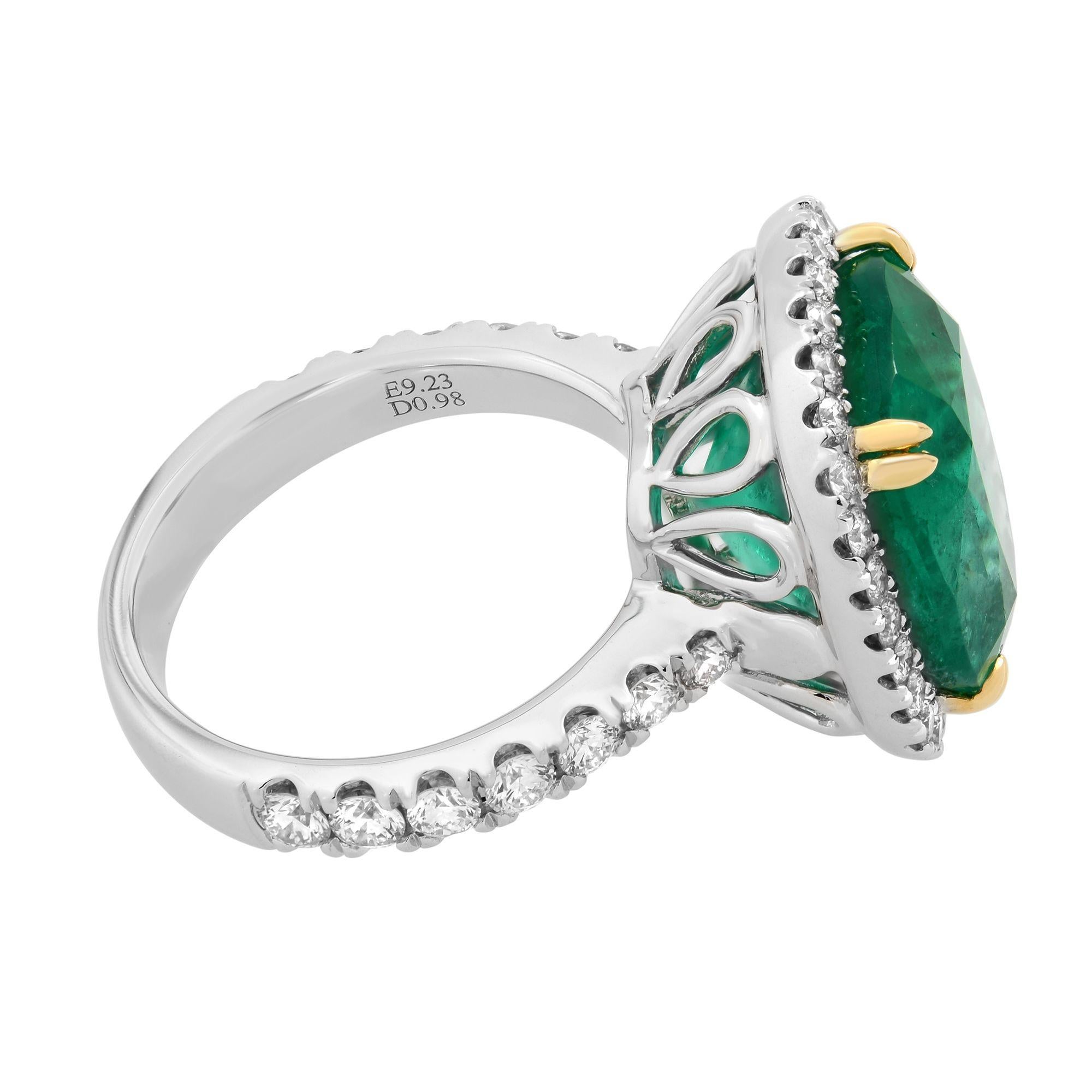 Cushion Cut 18 Karat White Gold 9.23ct Cushion Green Natural Emerald Diamond Halo Ring For Sale