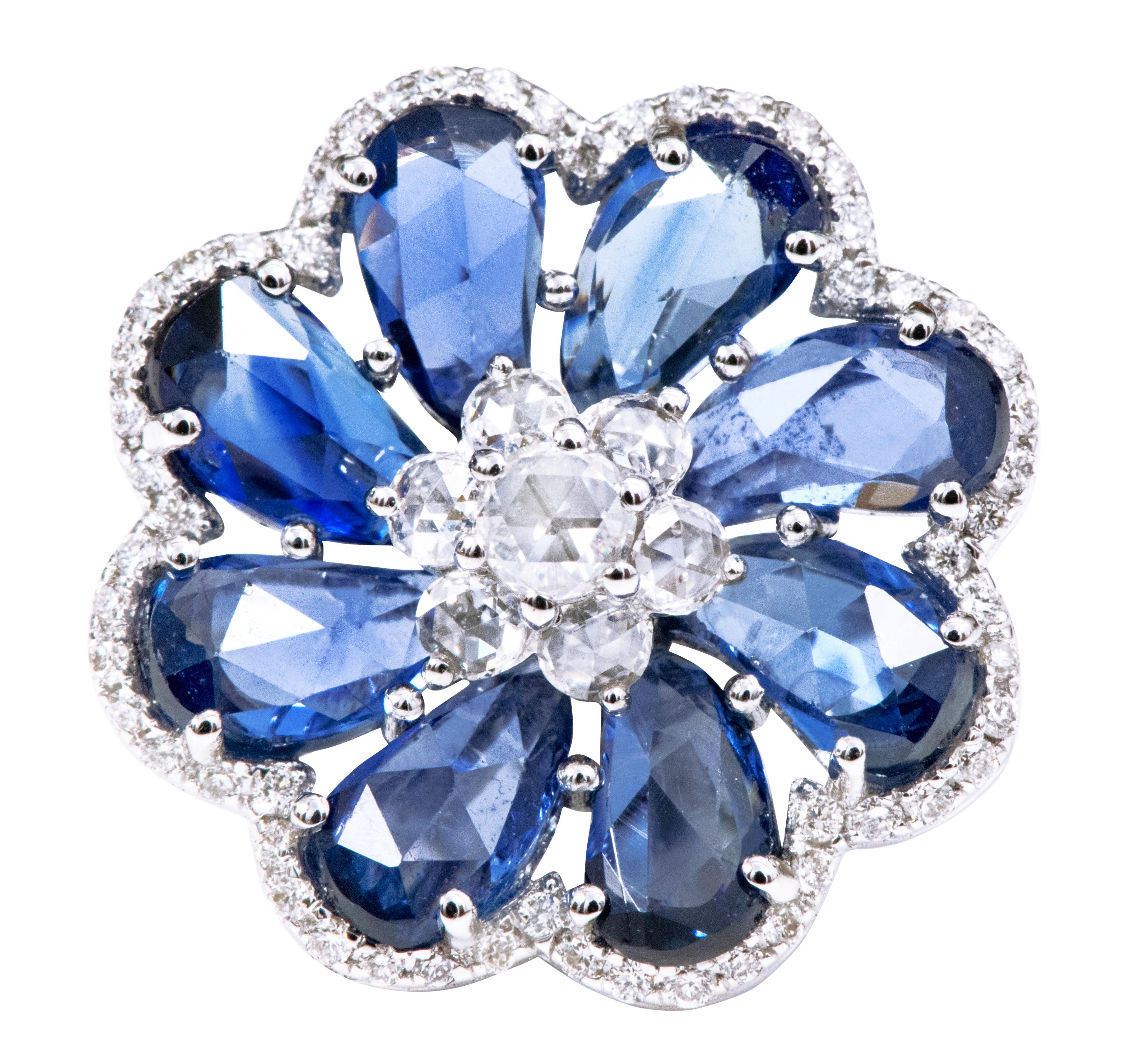 Contemporary 18 Karat White Gold 9.25 Carats Blue Sapphire and Diamond Flower Stud Earrings For Sale