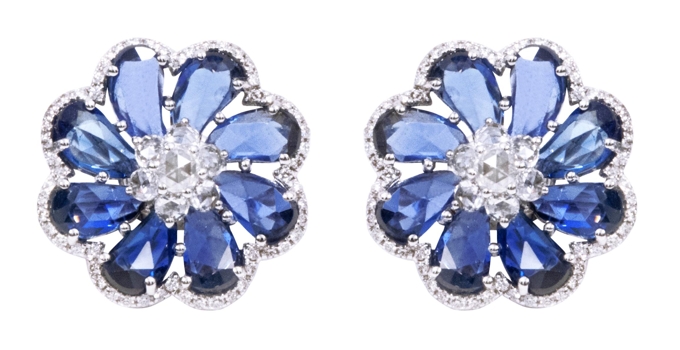 Rose Cut 18 Karat White Gold 9.25 Carats Blue Sapphire and Diamond Flower Stud Earrings For Sale