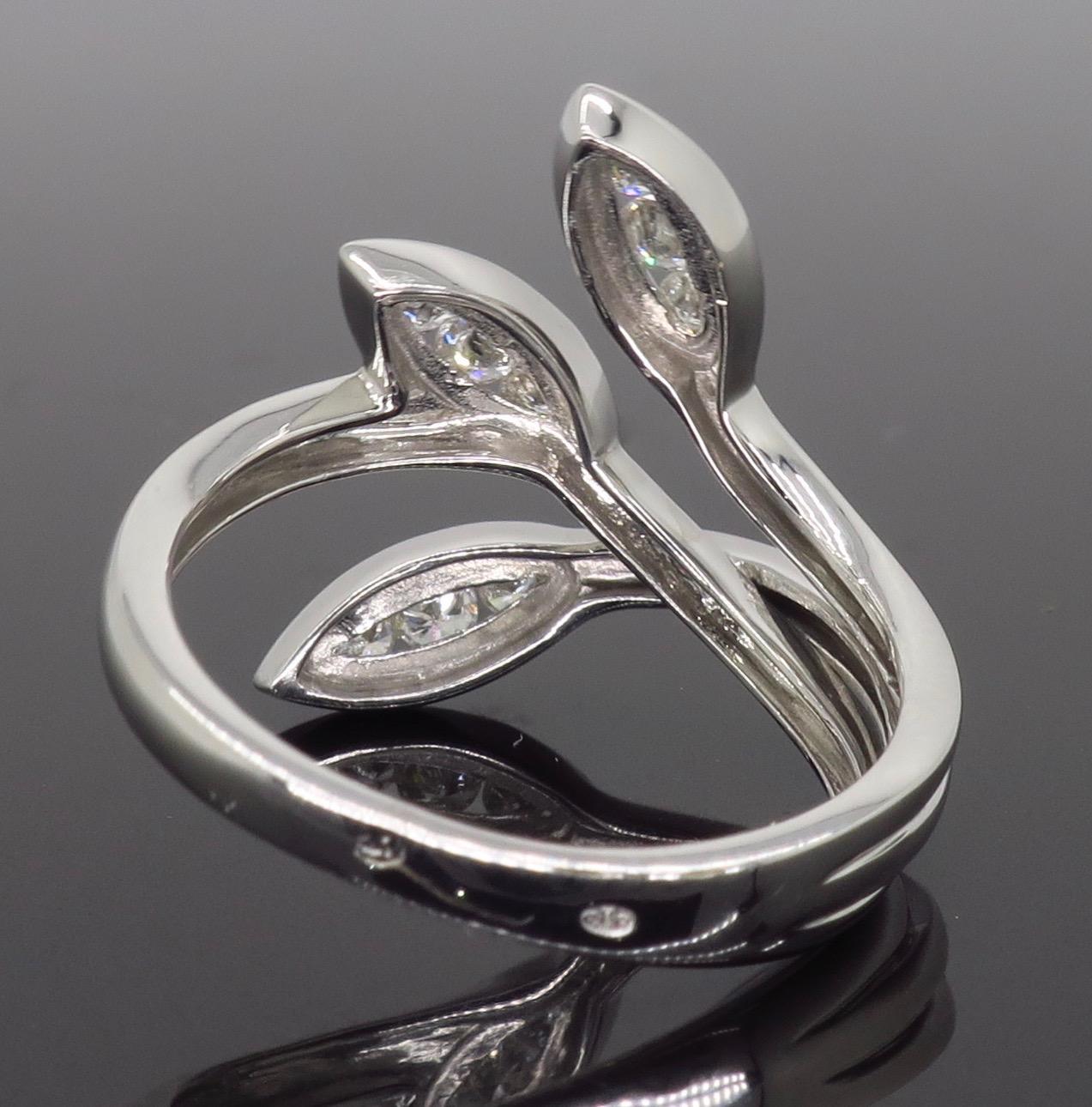 Women's or Men's 18 Karat White Gold Abstract Leaf Diamond Ring