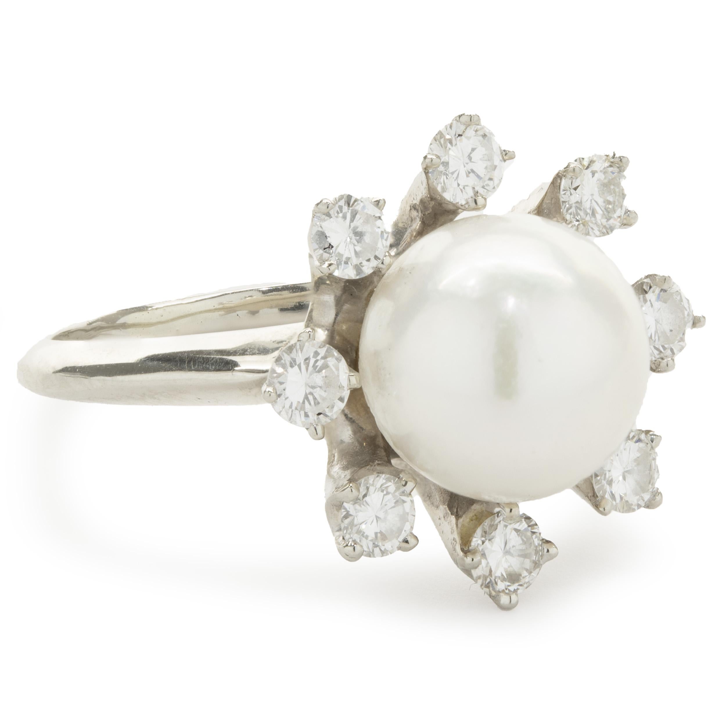 Designer: custom design
Material: 18K white gold
Akoya Pearl: 9mm
Diamond: 8 round brilliant cut = 0.56cttw
Color: G
Clarity: SI1
Ring Size: 5.5 (please allow two additional shipping days for sizing requests)
Dimensions: ring top measures