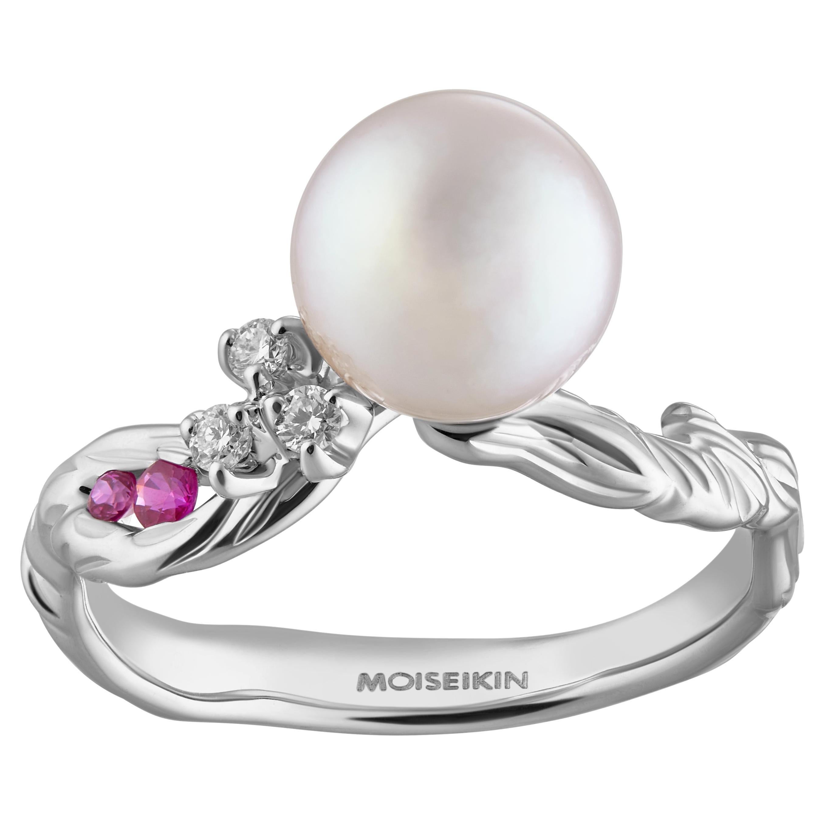 18 Karat White Gold Akoya Pearl Diamond Flower Ring by MOISEIKIN