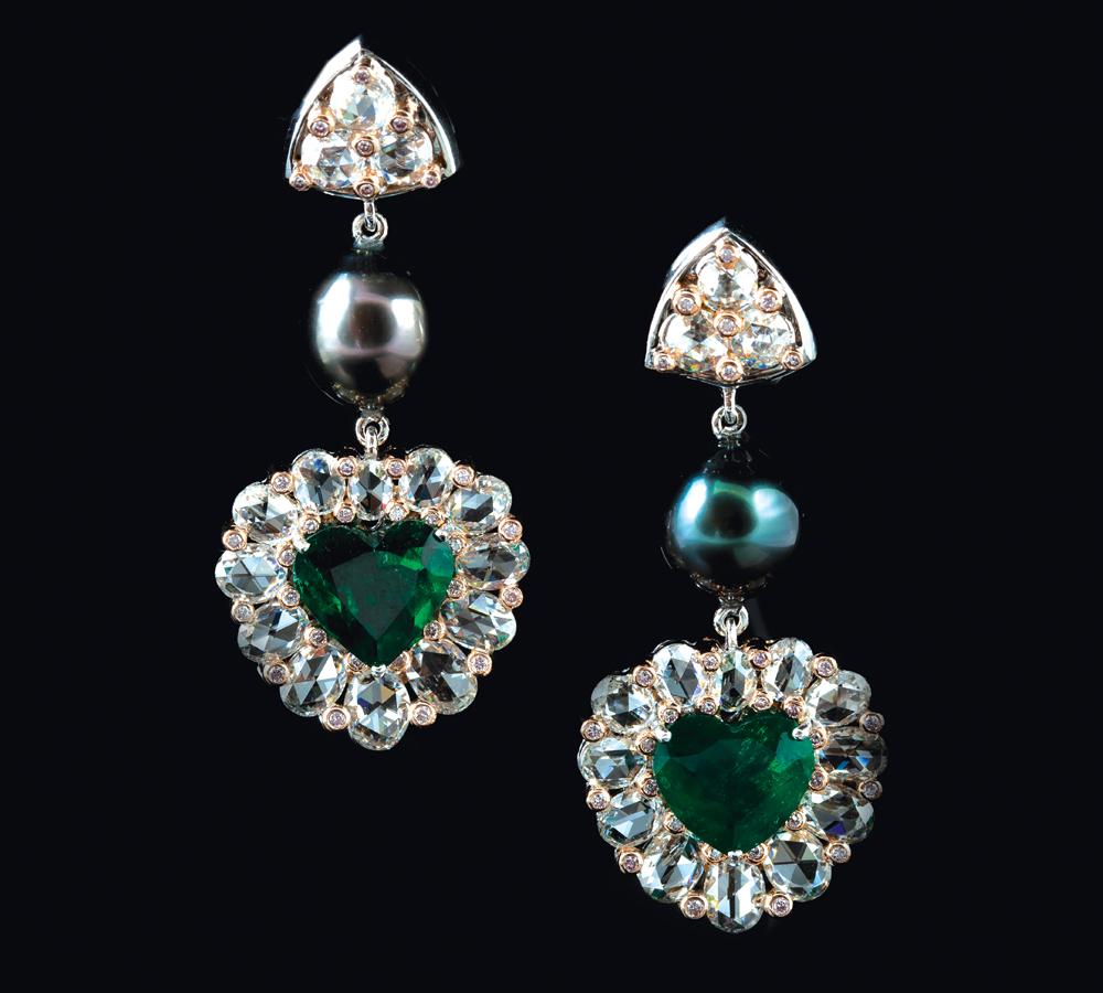 Contemporary 18 Karat White Gold All Seeing Eye Earring with 6.4 Carat Heart Shaped Emeralds For Sale