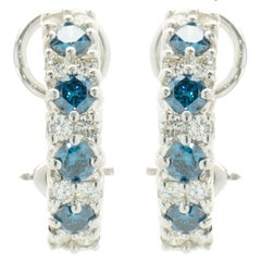 18 Karat White Gold Alternating Blue and White Diamond J Style Hoop Earrings