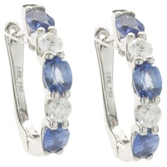 18 Karat White Gold Alternating Diamond and Sapphire Huggie Hoop Earrings