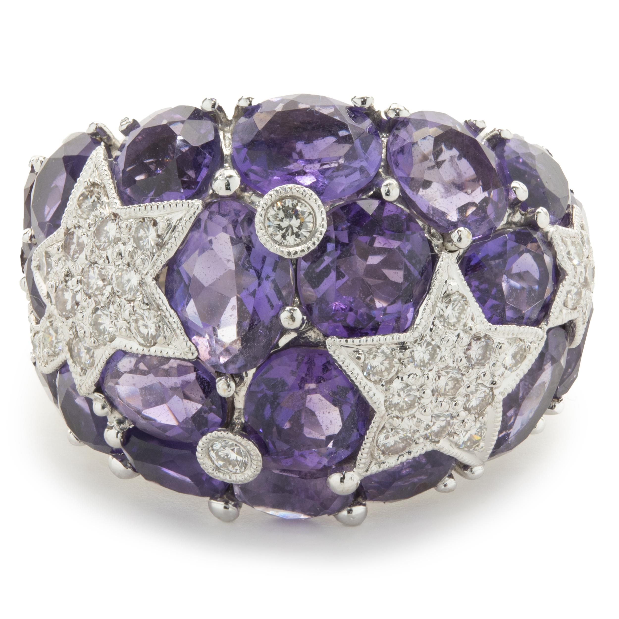 Designer: custom
Material: 18K white gold
Diamond: round brilliant cut = 1.00cttw
Color: G
Clarity: SI1
Dimensions: ring top measures 17.75mm
Ring Size: 7 (complimentary sizing available)
Weight: 10.75 grams
