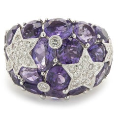 18 Karat White Gold Amethsyt and Pave Diamond Star Dome Ring