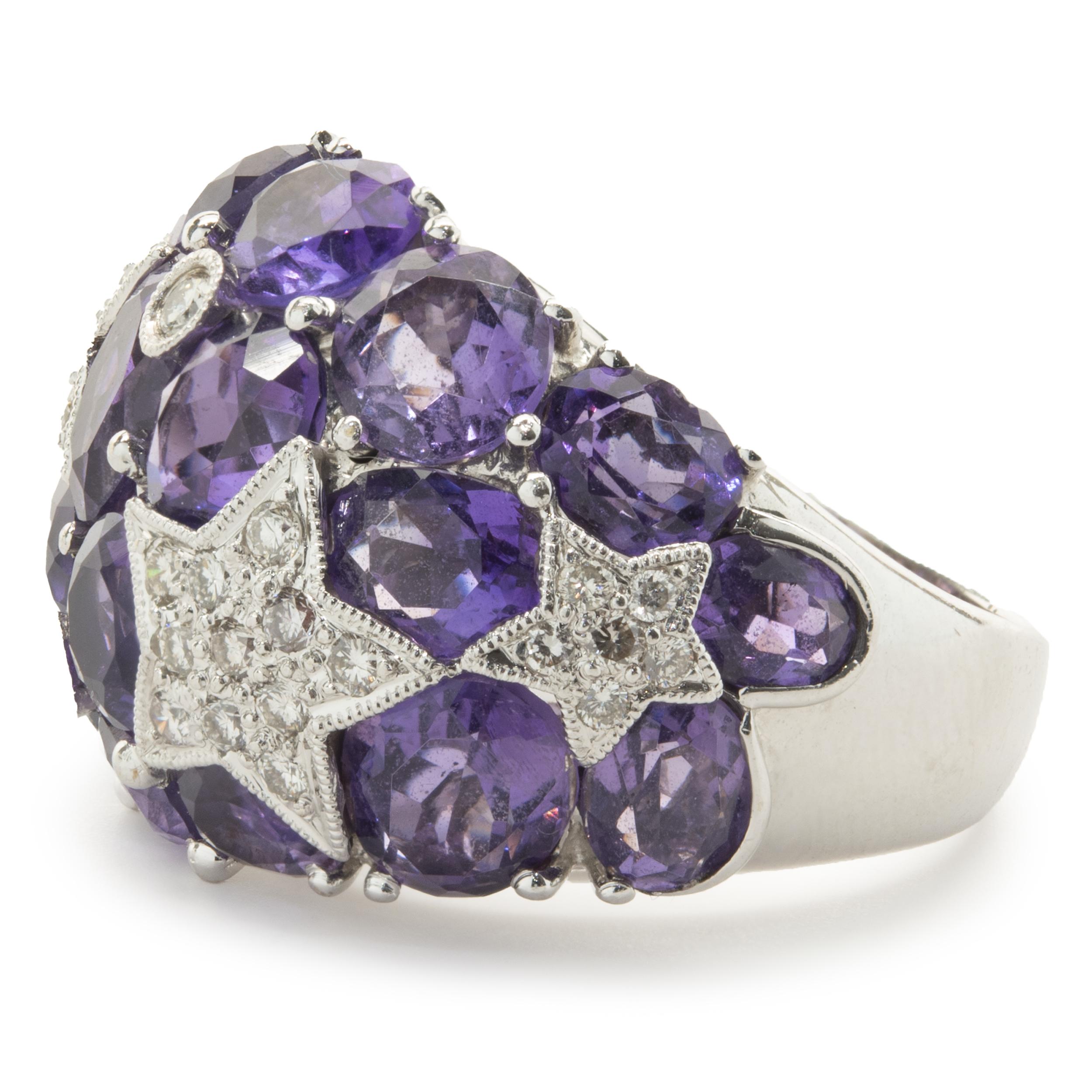 Round Cut 18 Karat White Gold Amethsyt and Pave Diamond Star Dome Ring