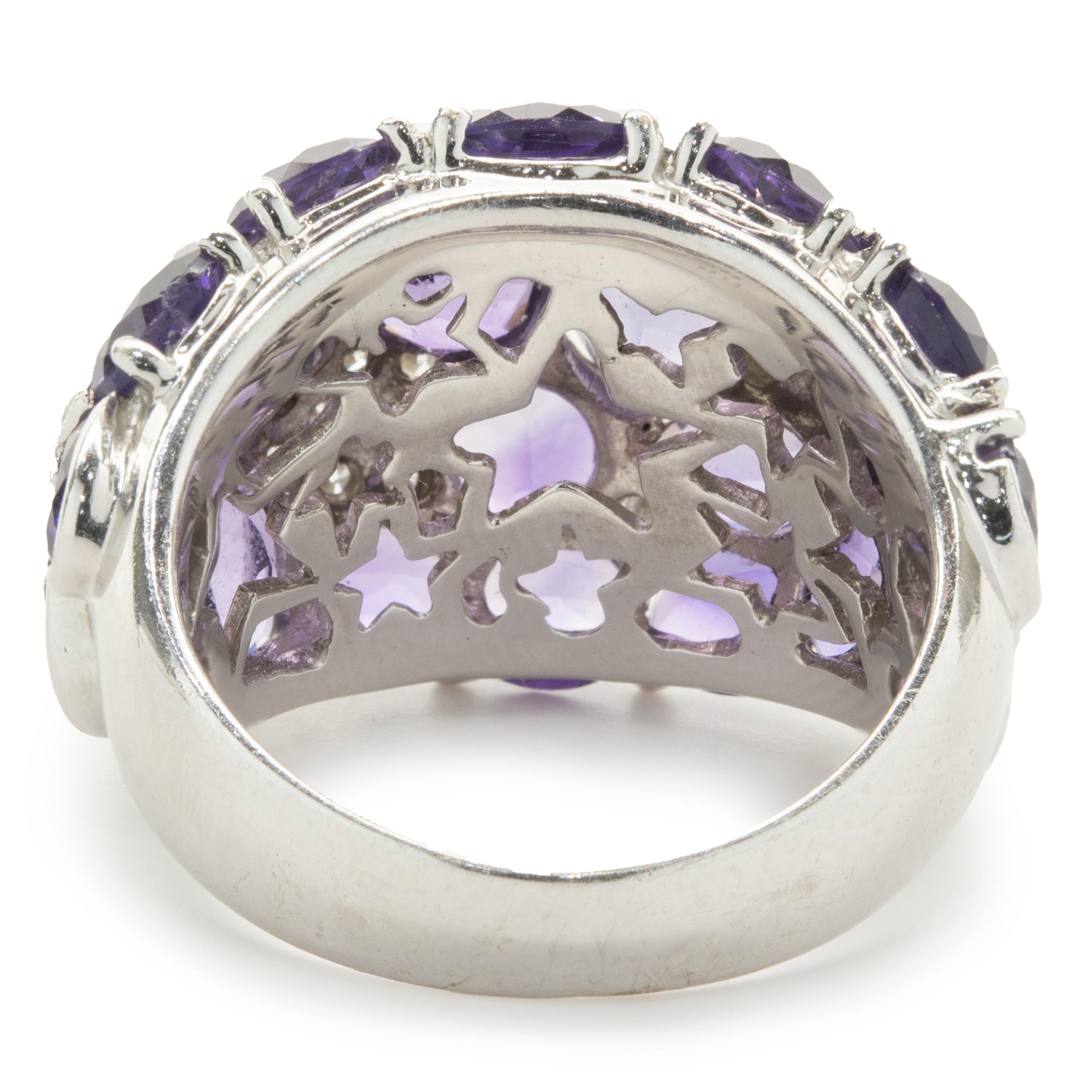 18 Karat White Gold Amethsyt and Pave Diamond Star Dome Ring In Excellent Condition In Scottsdale, AZ