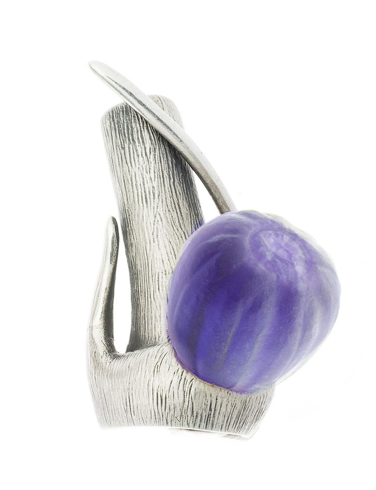 Contemporary Eighteen Karat White Gold Amethyst Sculptural Brooch Fig by the Artist For Sale
