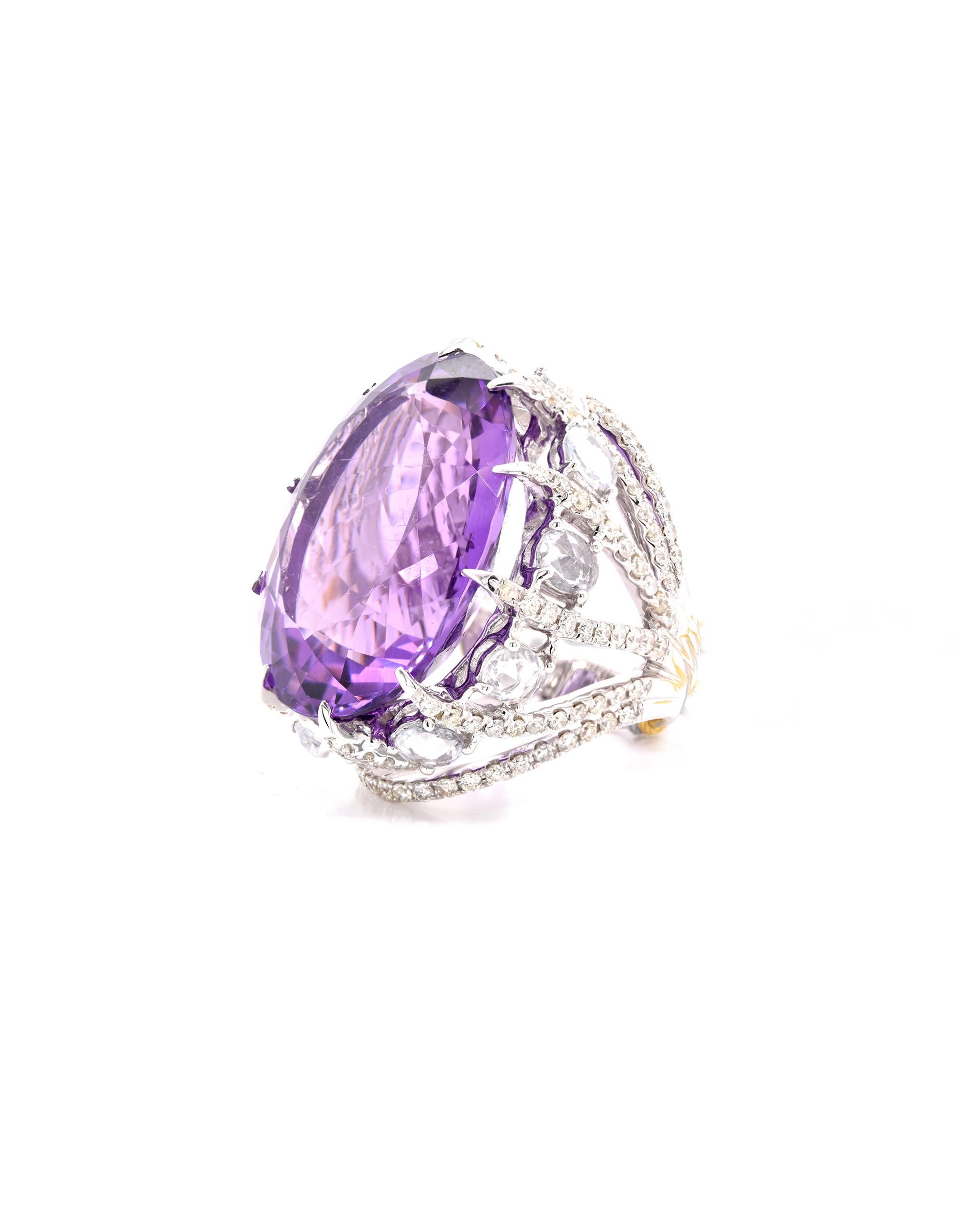 Oval Cut 18 Karat White Gold Amethyst, Diamond, and White Sapphire Cocktail Ring For Sale