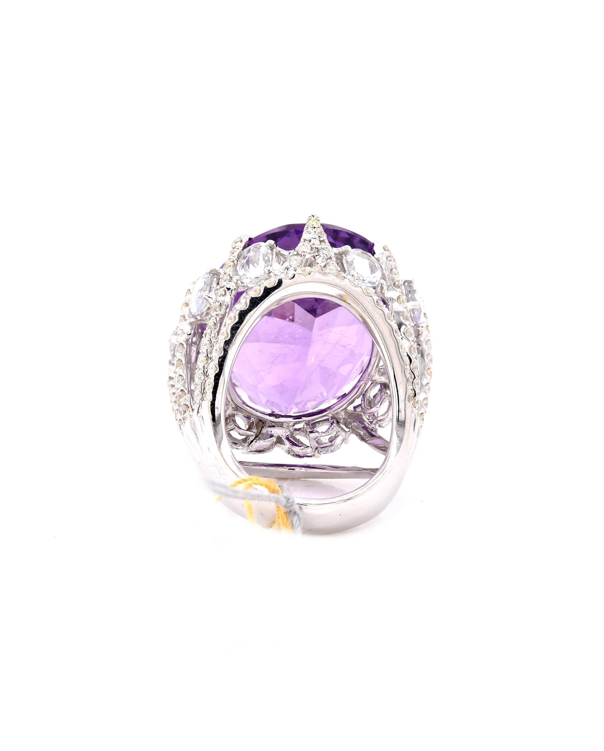 18 Karat White Gold Amethyst, Diamond, and White Sapphire Cocktail Ring In Excellent Condition For Sale In Scottsdale, AZ