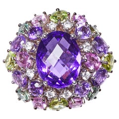 18 Karat White Gold Amethyst Diamonds and Multi-Color Cocktail Ring