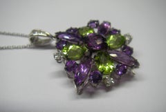 18 Karat White Gold Amethyst Diamonds and Multi-Color Pendant Necklace