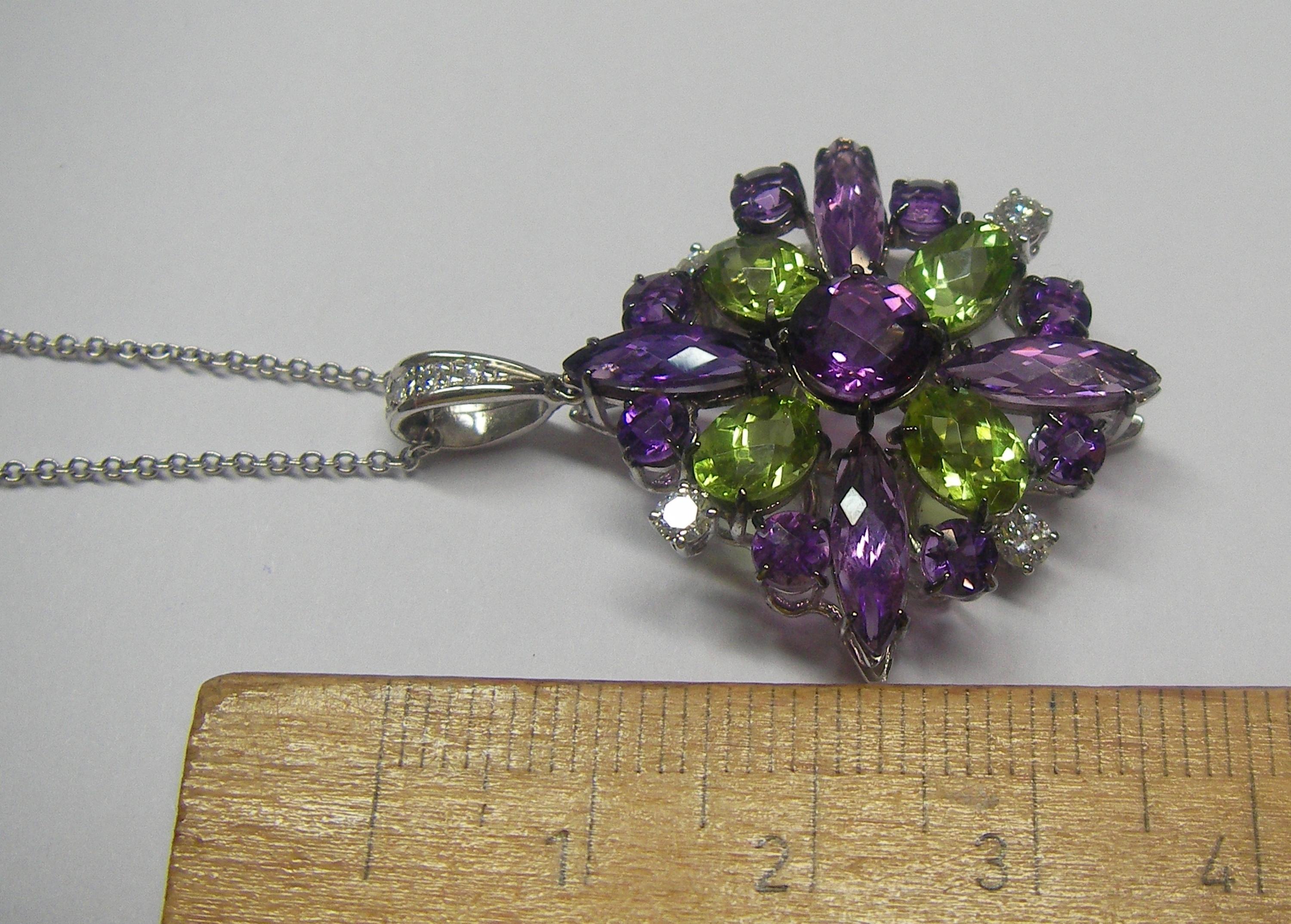 Mixed Cut 18 Karat White Gold Amethyst Diamonds and Multi-Color Pendant Necklace