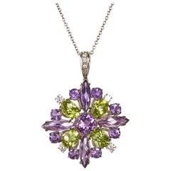 18 Karat White Gold Amethyst Diamonds and Multi-Color Pendant Necklace