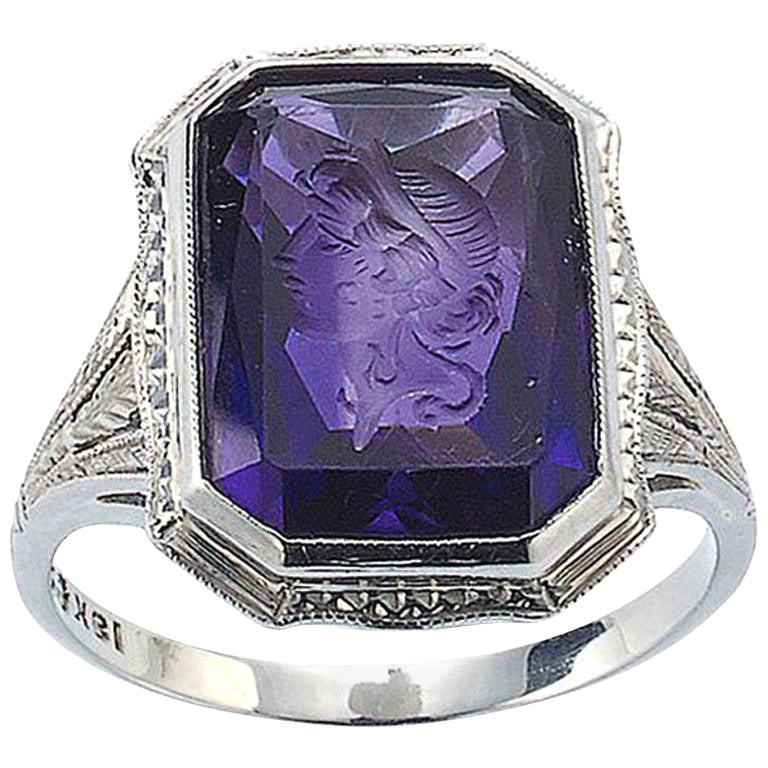 Vintage Amethyst Intaglio and White Gold Ring