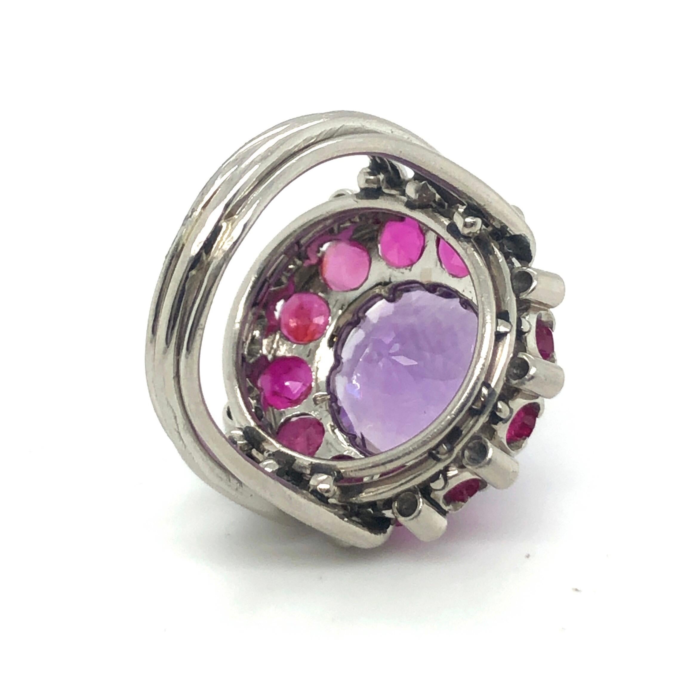 Modern 18 Karat White Gold Amethyst Ruby and Diamond Cocktail Ring For Sale