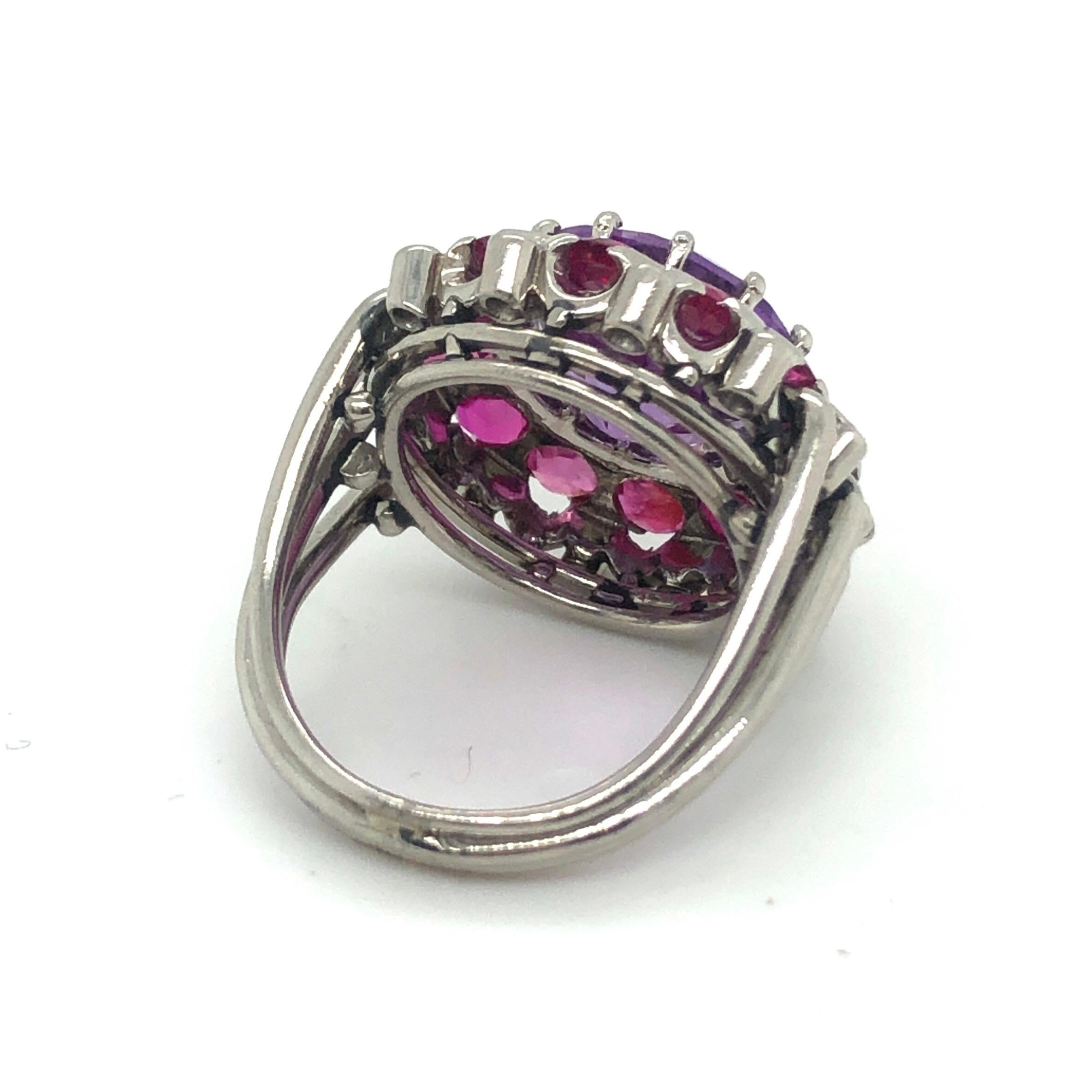 Round Cut 18 Karat White Gold Amethyst Ruby and Diamond Cocktail Ring For Sale