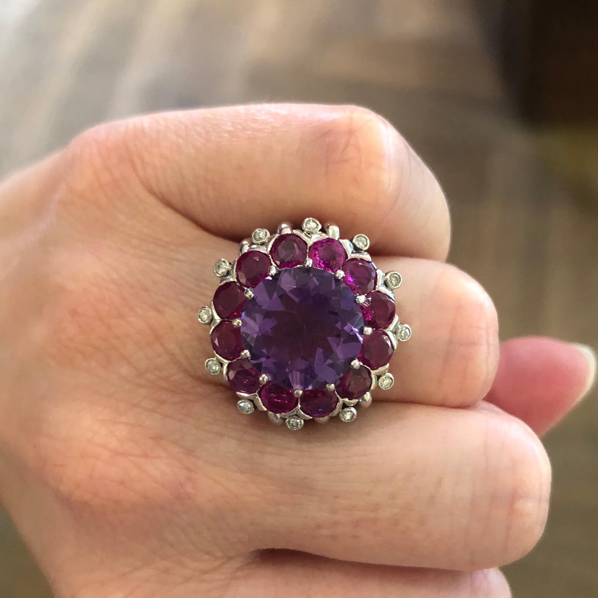 Women's 18 Karat White Gold Amethyst Ruby and Diamond Cocktail Ring For Sale