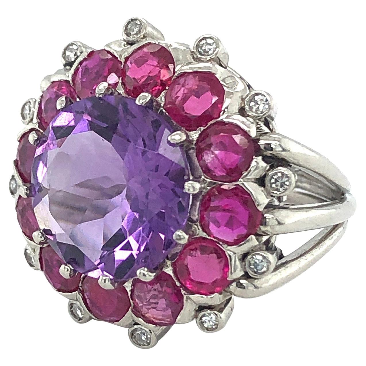 18 Karat White Gold Amethyst Ruby and Diamond Cocktail Ring