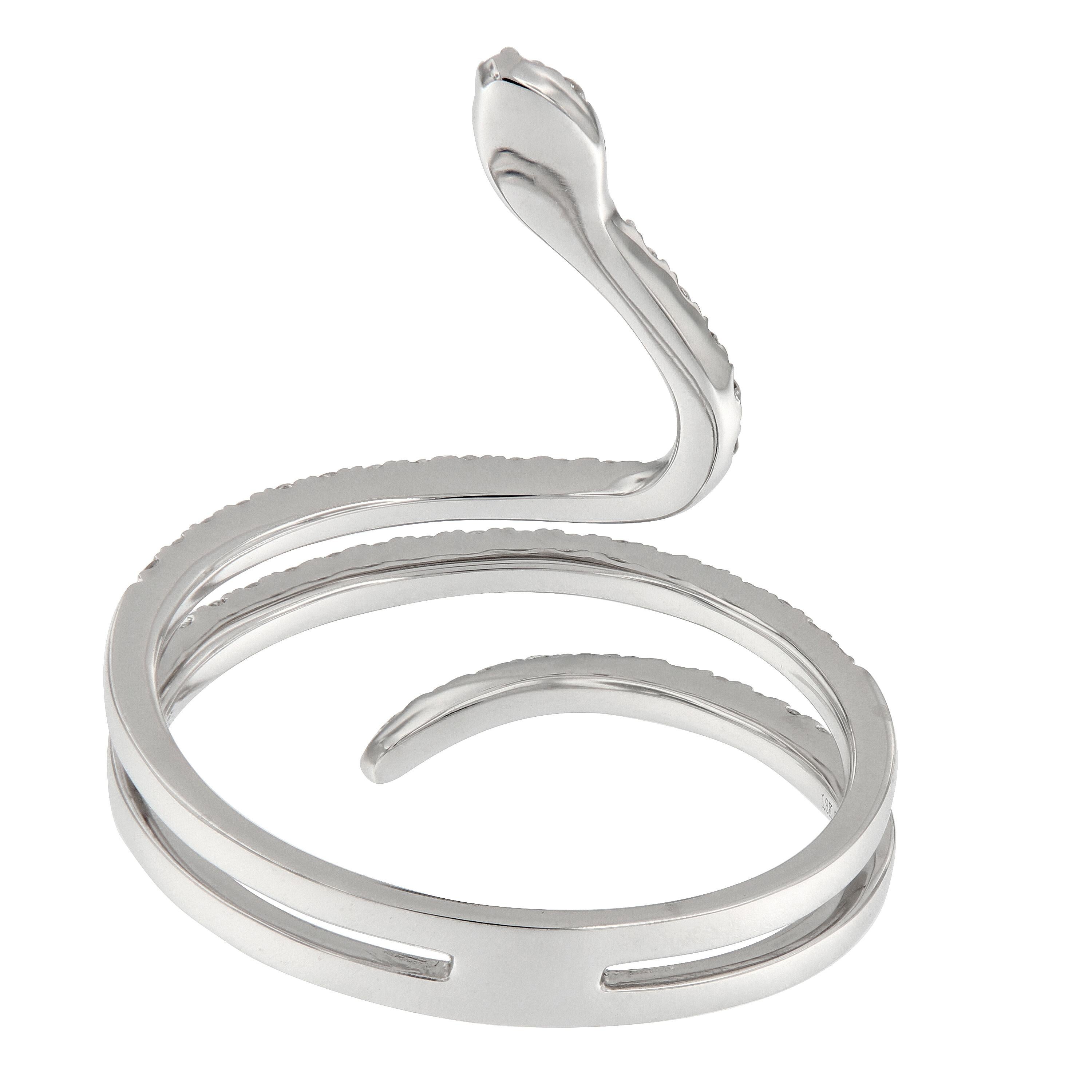 Round Cut 18 Karat White Gold and 0.39 Cttw Diamond  Serpent Ring For Sale