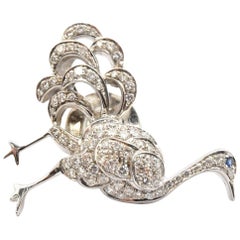 18 Karat White Gold and 0.68 Carat Diamond Peacock Pin, Brooch or Tie Tack