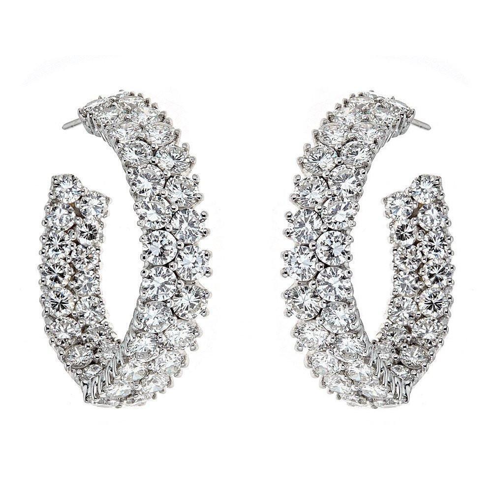 10 TCW Round Double Row Diamond Hoop Style Earrings in 18 karat White Gold For Sale