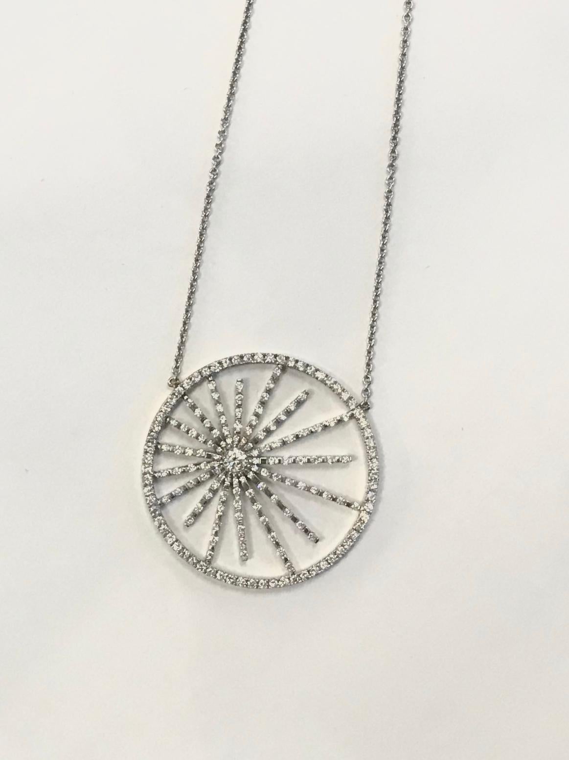 Round Cut 18 Karat White Gold and 1.70 Carat Diamond Star Burst Necklace For Sale