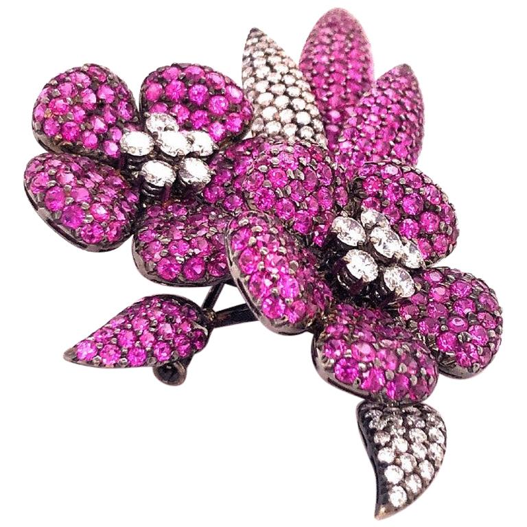 Sophia D. 17.41 Carat Pink Sapphire Flower Diamond Brooch in Platinum