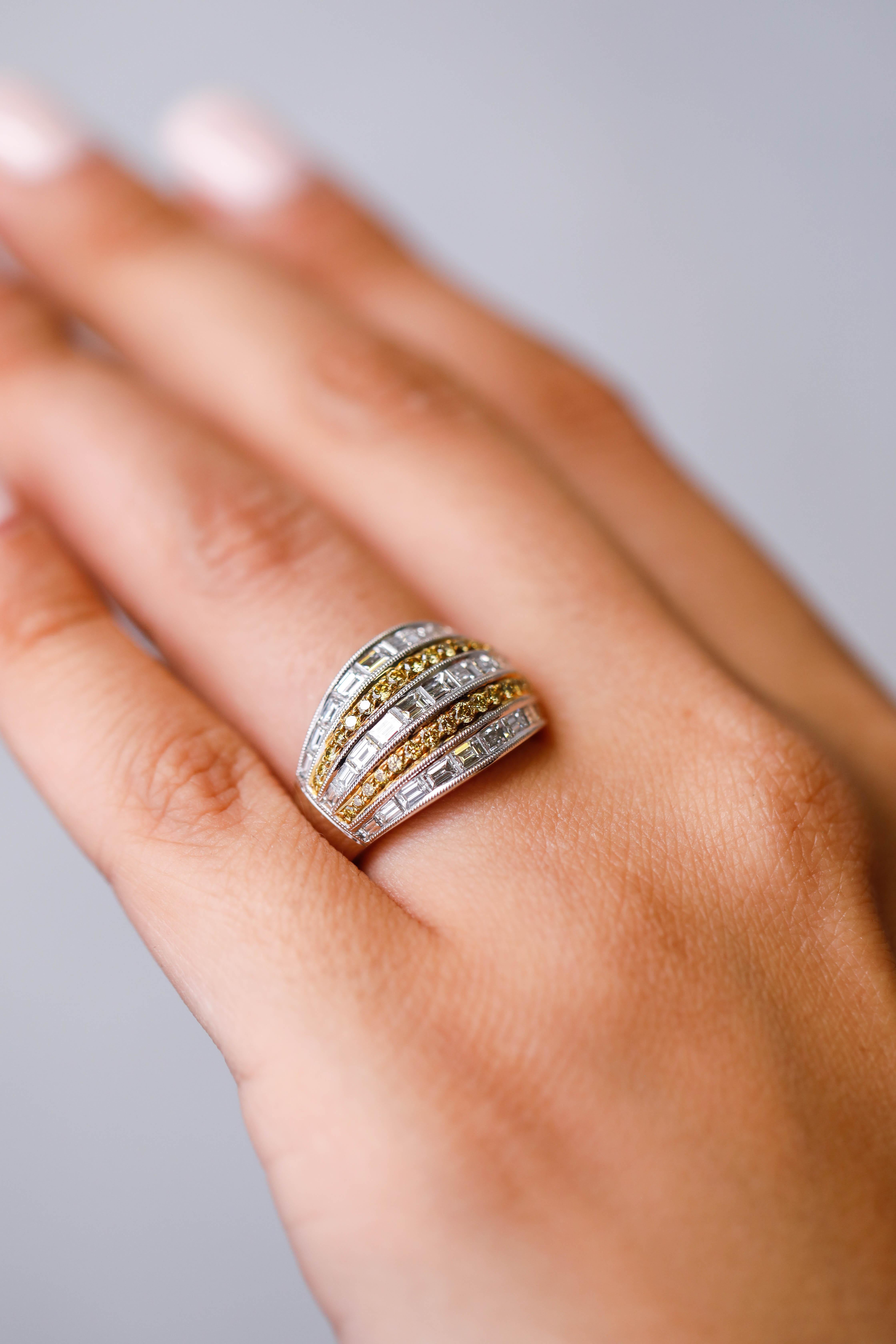 Women's 2.35 TCW Fancy Yellow Round Diamond and White Baguette Diamond Cocktail Ring 18k For Sale