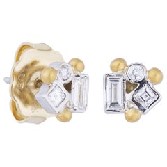 18 Karat White Gold and 24 Karat Gold, Diamond Stud Earrings