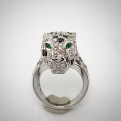 18 Karat White Gold and .55 Carat Diamond Panther Ring, Emerald Eyes