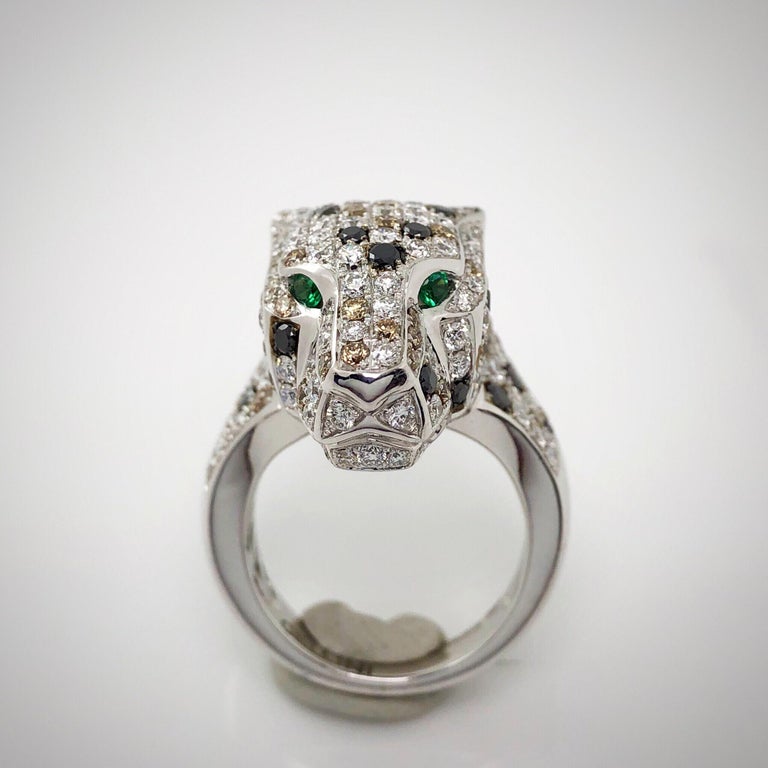 18 Karat White Gold and .55 Carat Diamond Panther Ring, Emerald Eyes ...
