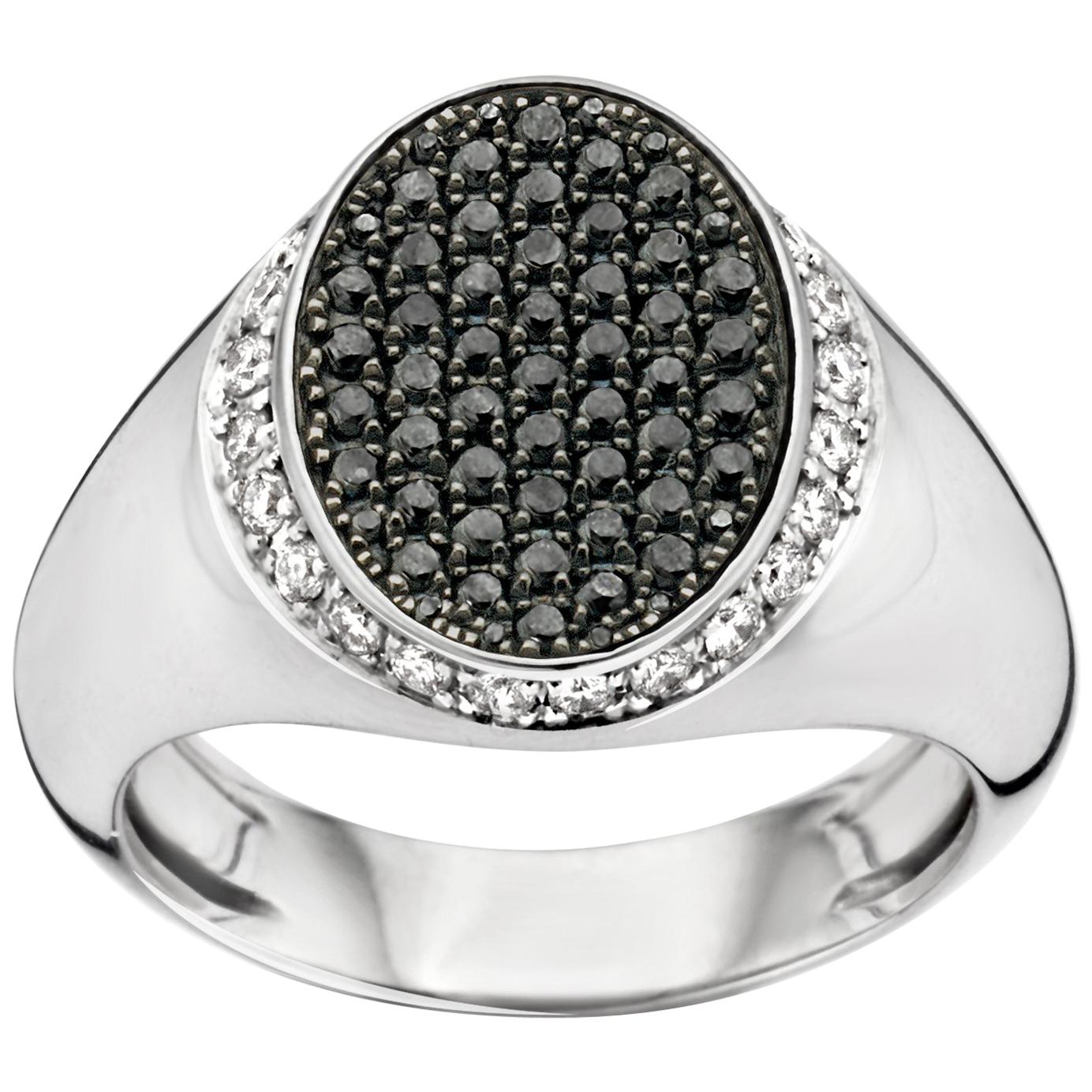 18 Karat White Gold and Black and White Diamond Signet Ring For Sale
