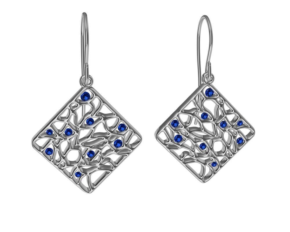 18 Karat White Gold and Blue Sapphire Seaweed Dangle Earrings For Sale 4
