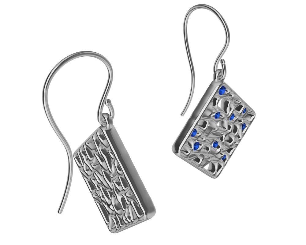 Round Cut 18 Karat White Gold and Blue Sapphire Seaweed Dangle Earrings For Sale