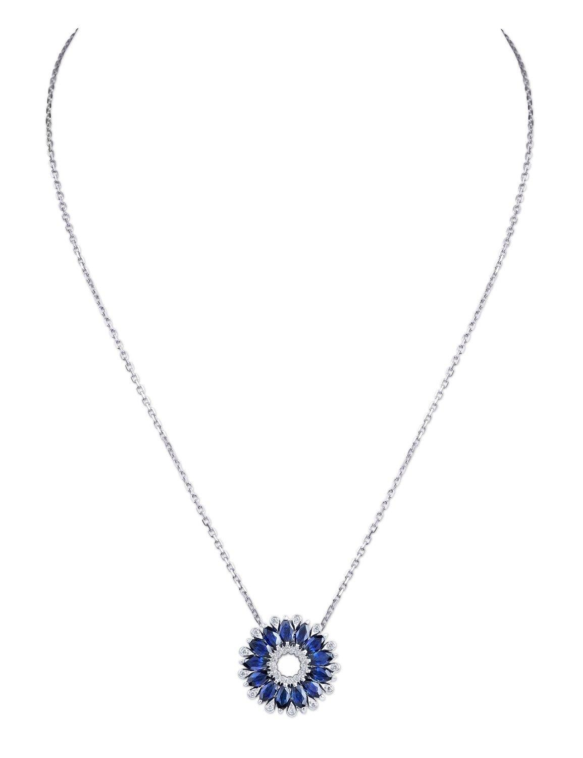An elegant wreath of petals suspended on a delicate chain is bought to life with captivating marquise cut blue sapphires surrounded by brilliant cut diamonds.

Blue Sapphires Petali Pendant by Niquesa details:

- 18 karat White Gold
- 4.41 Carat